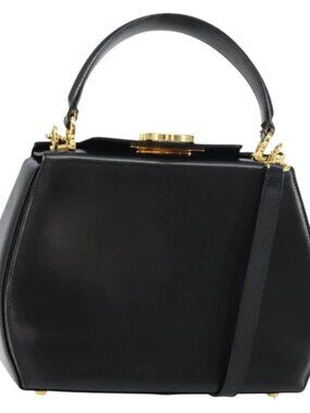 Salvatore Ferragamo Gancini Hand Bag Leather 2way Black Gold Auth